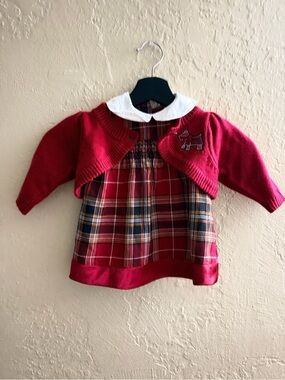 small wonders Red Plaid Dress with Red Knit Bolero